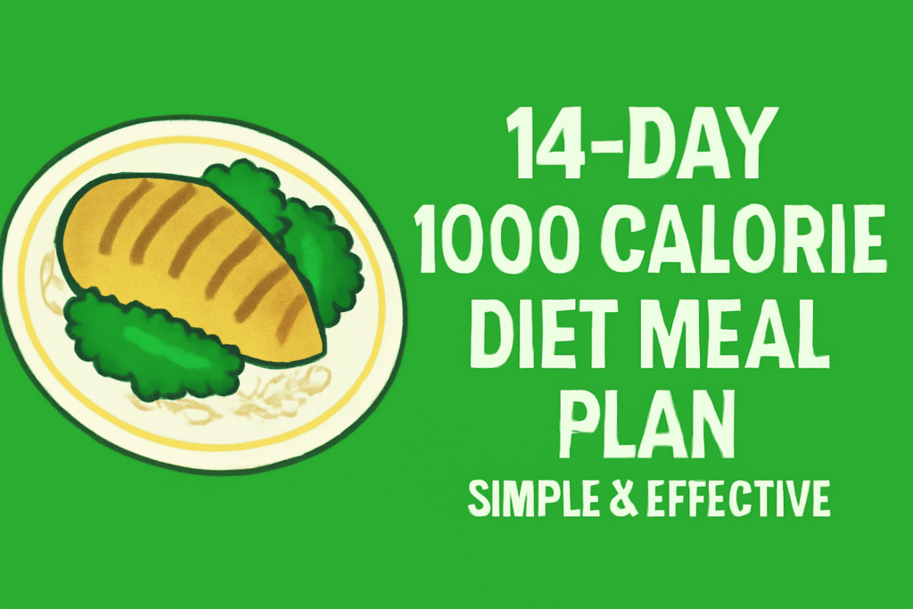 14-Day 1000 Calorie Diet Meal Plan graphic featuring a healthy grilled chicken, broccoli, and rice meal on a white plate. The green background with bold white text emphasizes '14-Day 1000 Calorie Diet Meal Plan' and 'Simple & Effective'.