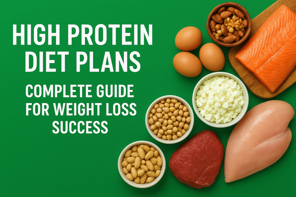 High Protein Diet Plans feature image highlighting a complete guide for weight loss success with a healthy lifestyle focus.