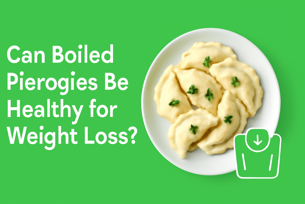 Can Boiled Pierogies Be Healthy for Weight Loss? A plate of boiled pierogies with parsley, paired with a weighing scale icon, against a vibrant green background.