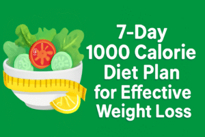 A vibrant graphic for the 7-Day 1000 Calorie Diet Plan for Effective Weight Loss, showcasing a bowl of fresh salad with cucumber, tomato, and a measuring tape, against a green background. The title '7-Day 1000 Calorie Diet Plan for Effective Weight Loss' is prominently displayed in bold white text.