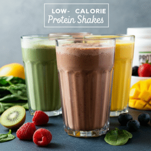 Photograph showcasing three vibrant, low-calorie protein shakes in tall glasses, surrounded by fresh fruits and spinach, emphasizing healthy and delicious options.