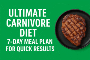 Ultimate Carnivore Diet 7-Day Meal Plan showing daily high-protein meals like eggs, bacon, and meat for quick fat loss and muscle building.