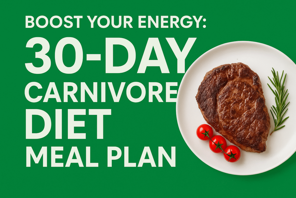 30-Day Dinner Carnivore Diet Meal Plan showing a table of daily egg and bacon-based meals for a month, promoting high-protein, low-carb carnivore diet.