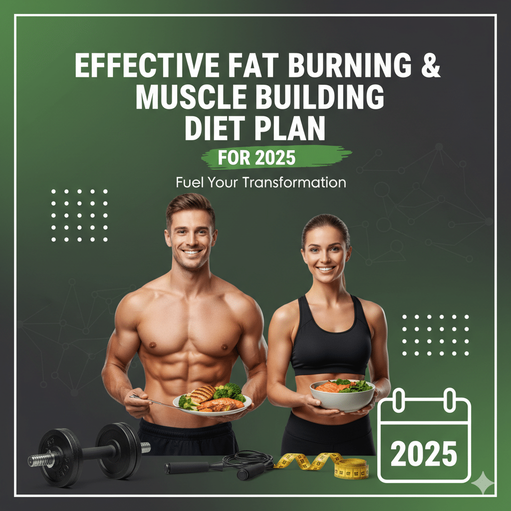 Effective fat burning and muscle building diet plan illustration showing a muscular person lifting a dumbbell with a healthy meal plate, symbolizing fitness and balanced nutrition.