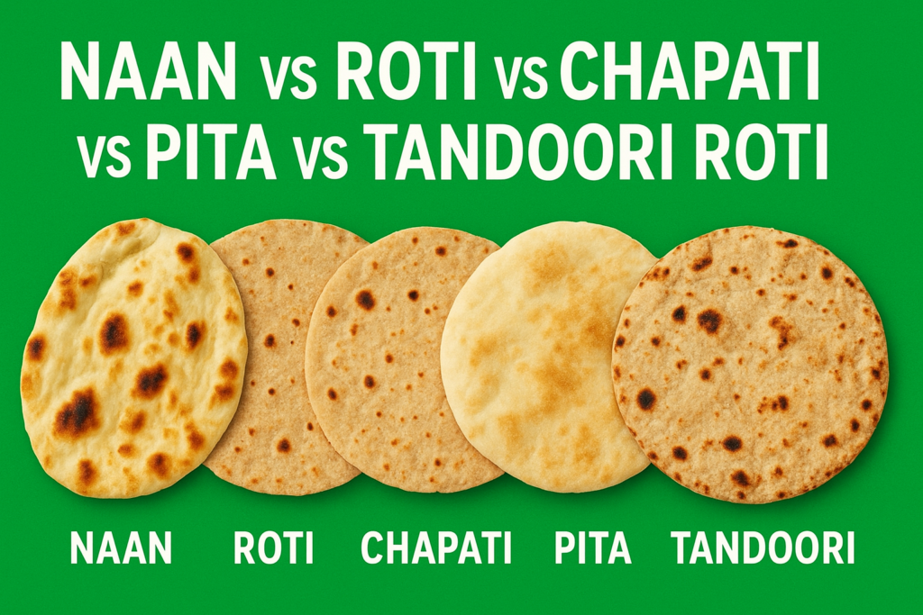 Naan vs Roti vs Chapati vs Pita vs Tandoori Roti comparison showing different flatbreads with calorie and health differences